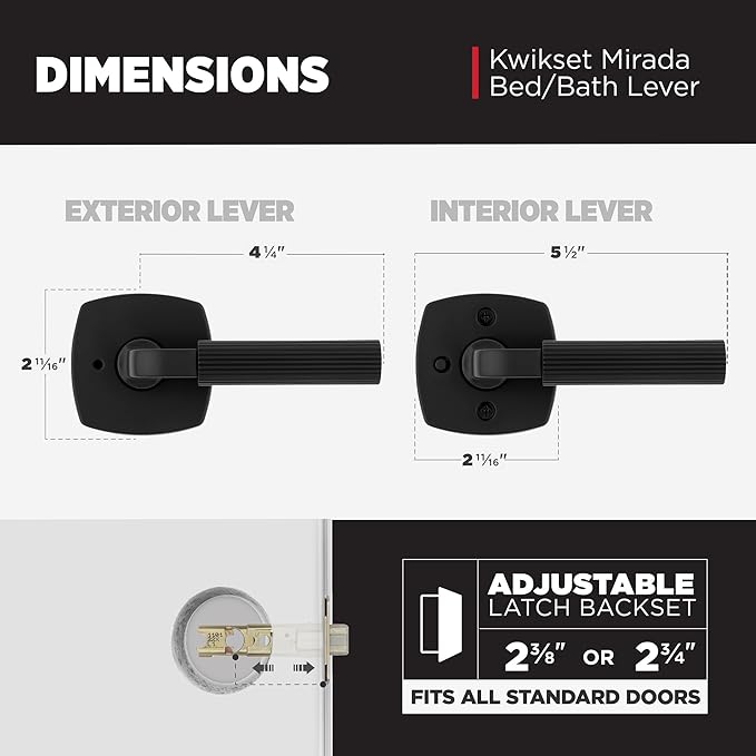 Kwikset Mirada Interior Midtown Privacy Door Handle with Lock, Door Lever for Bathroom and Bedroom, Matte Black Reversible Keyless Push Button Lock Door Lever