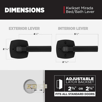 Kwikset Mirada Interior Midtown Privacy Door Handle with Lock, Door Lever for Bathroom and Bedroom, Matte Black Reversible Keyless Push Button Lock Door Lever