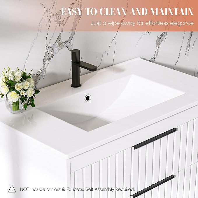 36" Bathroom Vanity with Sink, Floating Vanity Bathroom Sink Cabinet Wall Mount, Soft-Close Function 2 Large Drawers, Grooved Stripe Design, Hidden Damping Drawers, White