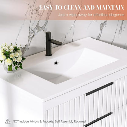 36" Bathroom Vanity with Sink, Floating Vanity Bathroom Sink Cabinet Wall Mount, Soft-Close Function 2 Large Drawers, Grooved Stripe Design, Hidden Damping Drawers, White