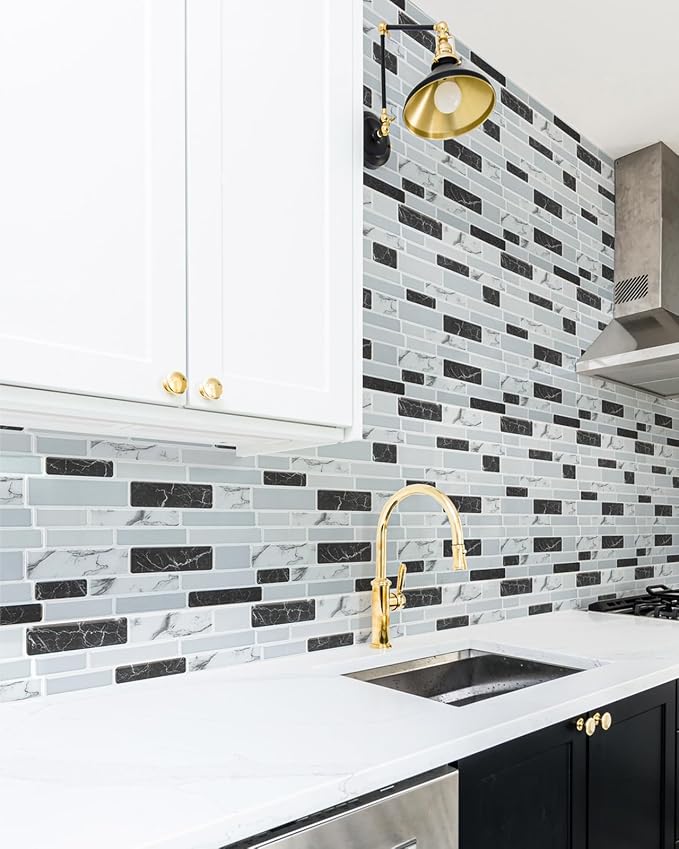 Art3d 12 x 12 in Peel and Stick Backsplash, Vinyl Wall Tile, 10-Pack, Grey | Thickened Design, Waterproof, Self Adhesive, Easy to Install, No Residue, for Kitchen, Bedroom, Ideal for Recently Moved