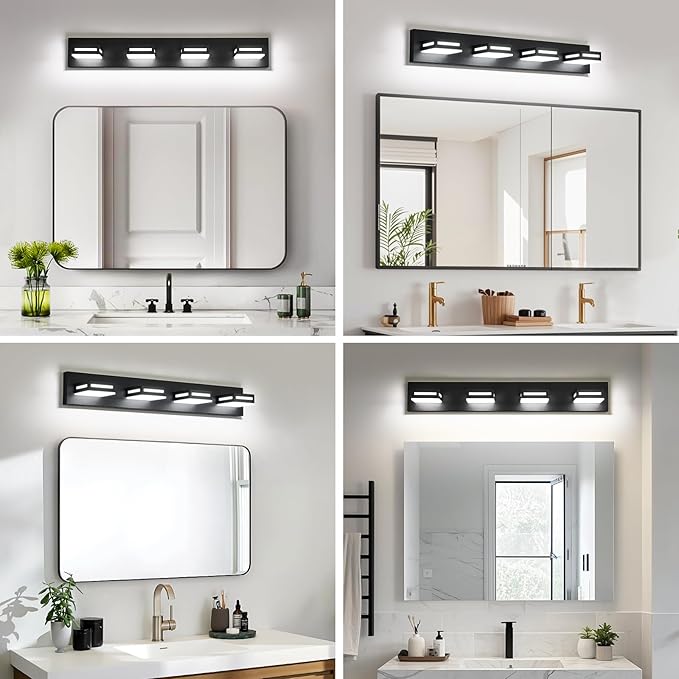 LED Modern Bathroom Light Fixtures, 4-Light 30-Inch Matte Black Vanity Lights for Bathroom Lighting Fixtures Over Mirror, 350° Rotatable Acrylic, 6000K Cool White Wall Lamp