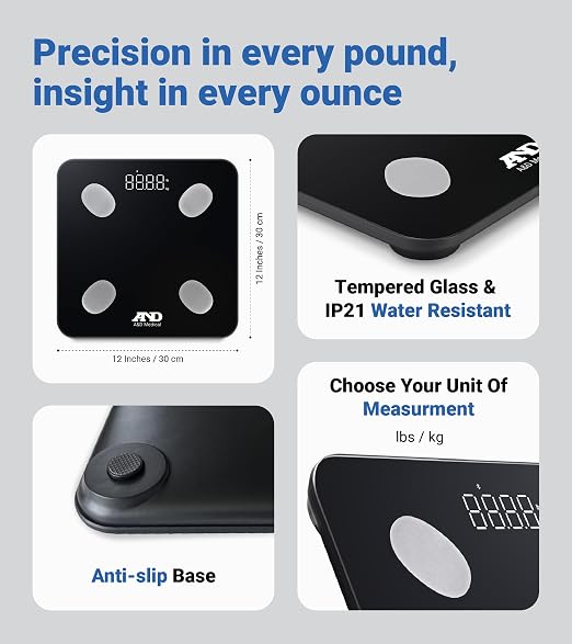 A&D Medical Smart Scale for Body Weight - UC-450BLE - Bluetooth Body Fat Scale with BMI, Body Composition, Digital Bathroom Scale, Tracks 7 Biometrics, Syncs with A&D App - 397lb