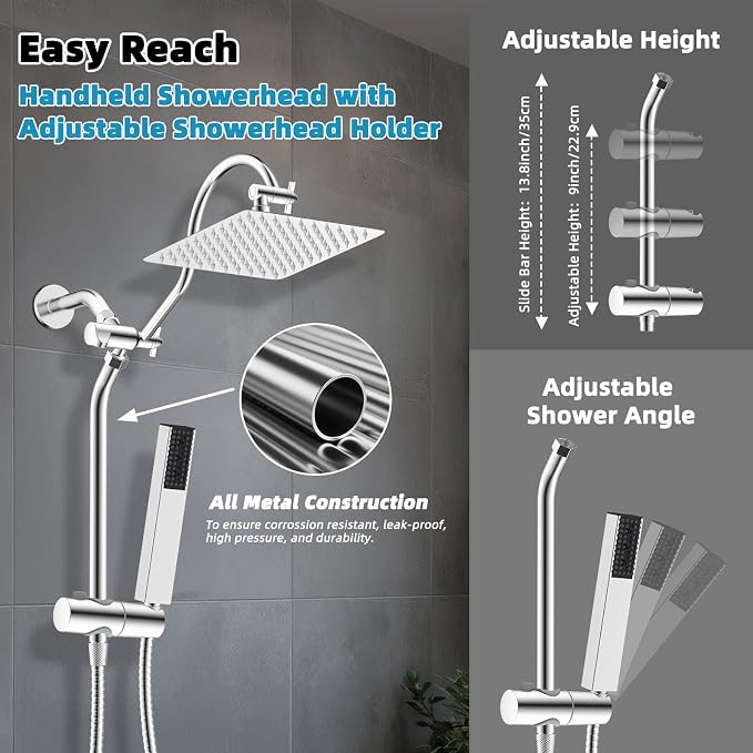 Hibbent 10'' Rainfall Shower Head with 4-mode Handheld Shower Spray, Chrome | cUPC Certified High Pressure Showerhead Combo, 12'' Adjustable Extension Arm, Extension Bar, Easy Reach Holder, 71'' Hose