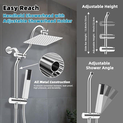 Hibbent 10'' Rainfall Shower Head with 4-mode Handheld Shower Spray, Chrome | cUPC Certified High Pressure Showerhead Combo, 12'' Adjustable Extension Arm, Extension Bar, Easy Reach Holder, 71'' Hose