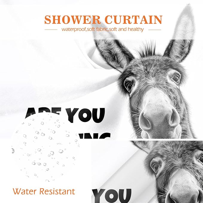 Aimego Funny Donkey are You Pooping Shower Curtain Novelty Hilarious Whimsical Rustic Farmhouse Black and White Bathroom Bath Decor Bathtub Curtain Fabric Shower Curtain Set with 12 Hooks, 72"x72"