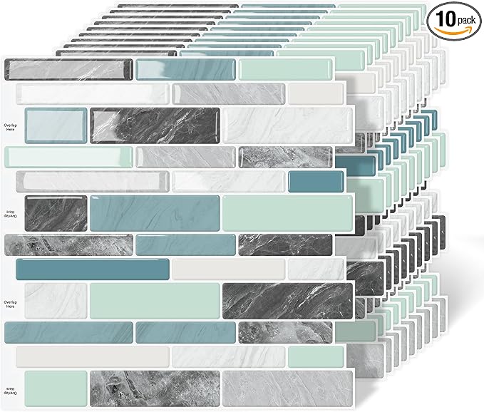 10-Sheet Peel and Stick Kitchen Backsplash Tiles | 3D Waterproof Self Adhesive Wall Tile Stick on Backsplash for Kitchen and Bathroom(Blue Green,12"×12")