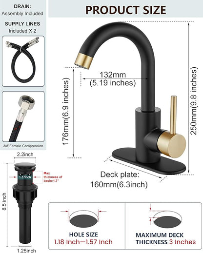 Midanya Single Hole Bathroom Faucet 1 Hole Bar Sink Faucet Suitable for Kitchen RV Vanity,304 Stainless Steel 360° Swivel Spout with Deck Plate and Pop-up Drain,Brushed Gold and Matte Black