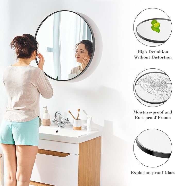 NEWBULIG 28 Inch Round Bathroom Mirror, Wall Mount Vanity Mirror | Circle Mirror for Over Sink, Matte Metal Frame, Entryway Decor, Bedroom Decor, Black