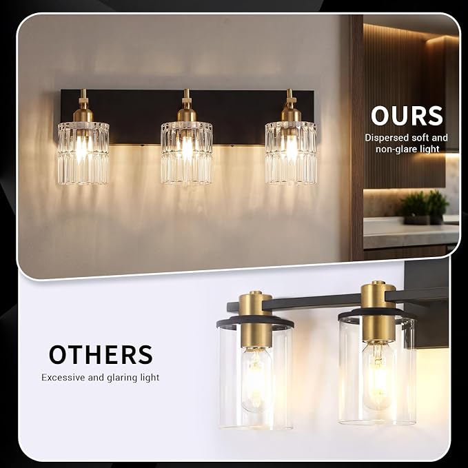 OCIOC Bathroom Vanity Light, 3-Light Black and Gold Vanity Lights over mirror, E26 Wall sconces with glass shape, Farmhouse Lighting fixture for bedroom, living room, hallway