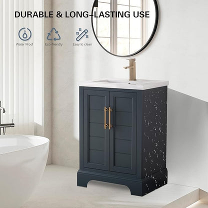 HOMEBEYOND 24 Inch Bathroom Vanity with Single Sink & Ceramic Top, Vanity Cabinet with Center Countertop Basin, Soft-Closing Doors, Vintage Spruce Blue