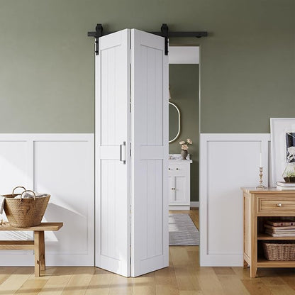 SMARTSTANDARD Bifold Barn Door 24" x 84", MDF Bi-Fold Sliding Closet Doors | Hardware Kit Included, Pre-Finished Easy Assembly, Water-Proof PVC Surface & Save Space, H-Frame, 28" Track for 2 Doors