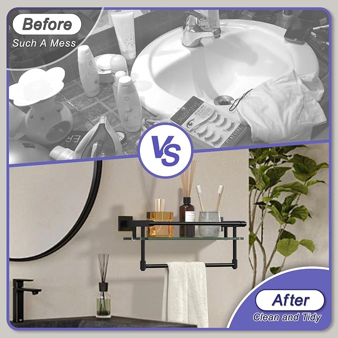 Glass Shelf for Bathroom 16 Inch Bathroom Shelves with Towel Bar, Tempered Glass Shelves with Stainless Steel Towel Holder for Wall Shelf Sink Over Toilet (Matte Black)