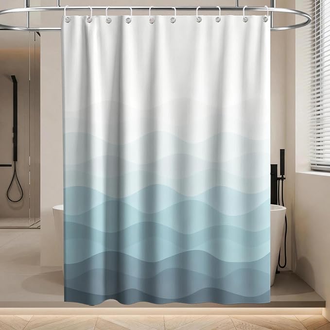 Modern Ocean Shower Curtain Abstract Aesthetic Striped Funky Minimalist | Art Shower Curtains for Bathroom, Waterproof Bath Curtain with Hooks Machine Washable Bathtub Curtains 60x72 Inch Blue