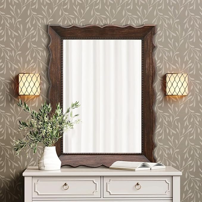 Besdomus Rustic Wooden Framed Mirror: 32" x 24" Dark Brown Wood Bathroom Mirrors for Wall - Vertical or Horizontal Hanging for Bathroom/Vanity/Entryway - Ideal for Farmhouse Style Lovers