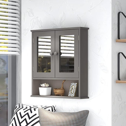 TaoHFE Grey Medicine Cabinet with Mirror, 2 Doors & 3 Open Shelves - Wall Mounted Wooden Storage Cabinet for Bathroom, Laundry or Kitchen