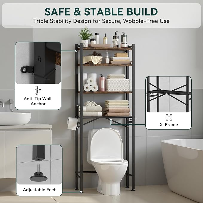 GloTika 4-Tier Over The Toilet Storage, Anti-Tilt, 69.3" H, Black Brown | Anti-Tilt Safety System, 150lb Capacity, Carbon Steel, Freestanding, Anti-Rust Coating, Paper Holder & 4 Hooks