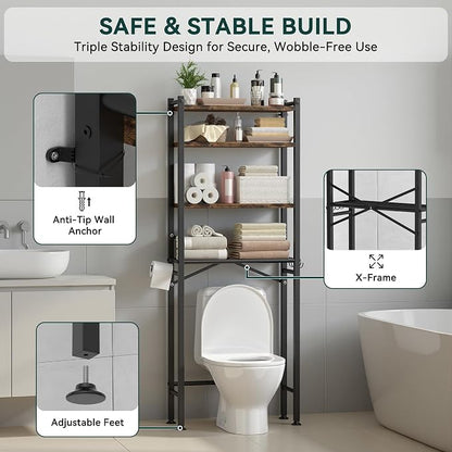 GloTika 4-Tier Over The Toilet Storage, Anti-Tilt, 69.3" H, Black Brown | Anti-Tilt Safety System, 150lb Capacity, Carbon Steel, Freestanding, Anti-Rust Coating, Paper Holder & 4 Hooks