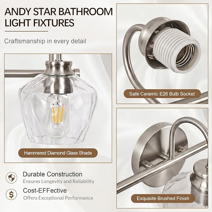 Brushed Nickel Vanity Light, 3 Light Bathroom Light Fixtures with Clear Diamond-Shape Hammered Glass, Silver Vintage Ripple Wall Lights for Hallway, Bedroom, Anti-Rust, E26 Base (No Bulbs)