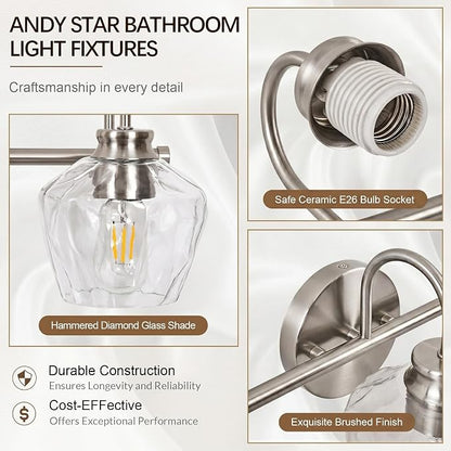 Brushed Nickel Vanity Light, 3 Light Bathroom Light Fixtures with Clear Diamond-Shape Hammered Glass, Silver Vintage Ripple Wall Lights for Hallway, Bedroom, Anti-Rust, E26 Base (No Bulbs)