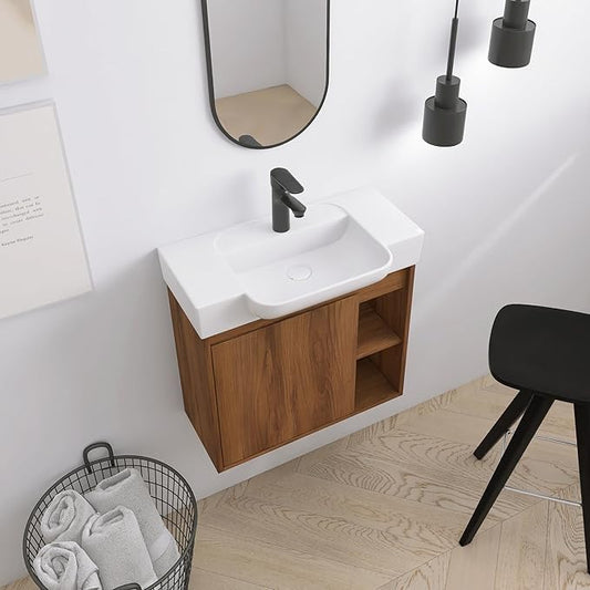 24 Inch Floating Vanity,24" Bathroom Vanity with Sink Combo,Modern Single Sink Bathroom Vanity Combo,Brown Wall Mounted Cabinet Set