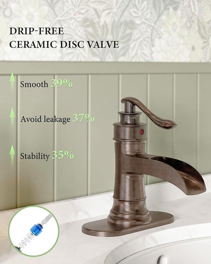 Homevacious Bathroom Faucet Copper Waterfall Bathroom Sink Faucets with Single Handle Rustic Vanity Farmhouse RV Faucet Suitable for 1 or 3 Holes with Pop-up Drain Deck Plate Hose