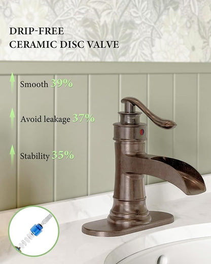 Homevacious Bathroom Faucet Copper Waterfall Bathroom Sink Faucets with Single Handle Rustic Vanity Farmhouse RV Faucet Suitable for 1 or 3 Holes with Pop-up Drain Deck Plate Hose