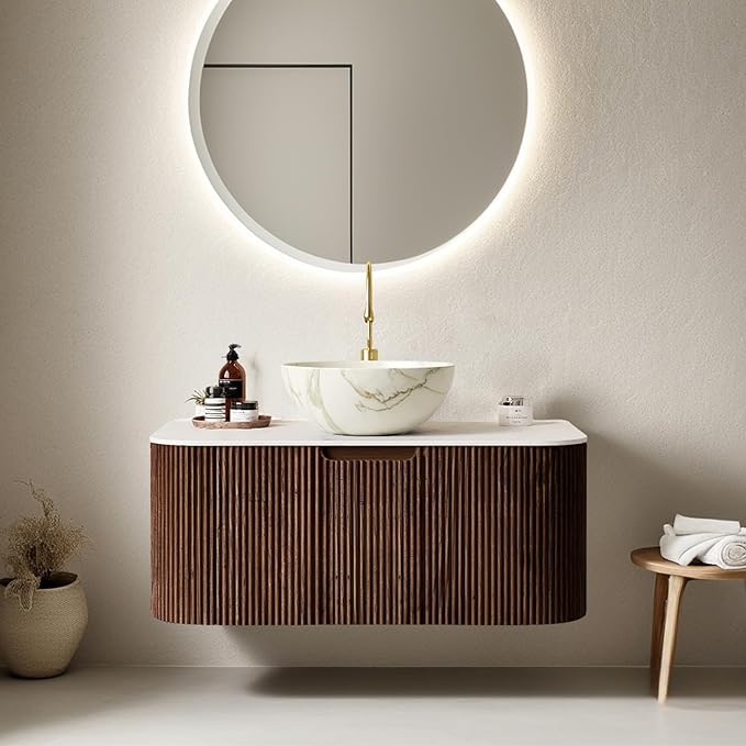 36" Floating Bathroom Vanity with Sink, Modern Bathroom Cabinet with Ultra-Thin Vessel Bowl Shape Ceramic Basin and Marble Countertop, Large Storage Drawer, Soft-Close Design, Dark Walnut