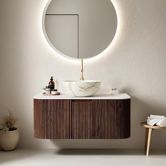 36" Floating Bathroom Vanity with Sink, Modern Bathroom Cabinet with Ultra-Thin Vessel Bowl Shape Ceramic Basin and Marble Countertop, Large Storage Drawer, Soft-Close Design, Dark Walnut