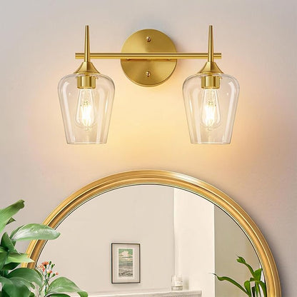 2-Light Bathroom Light Fixtures, Gold Vanity Lights for Bathroom with Clear Glass, Bathroom Lighting Fixtures Over Mirror, Modern Wall lamp for Cabinet Hallway