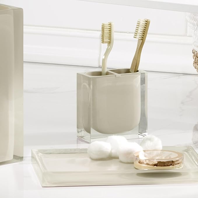 IZOD – Toothbrush Holder, Clear Hand-Painted Resin with Linen Design, Modern Home Decor – Perfect for Organizing Bathroom Essentials (Marina)