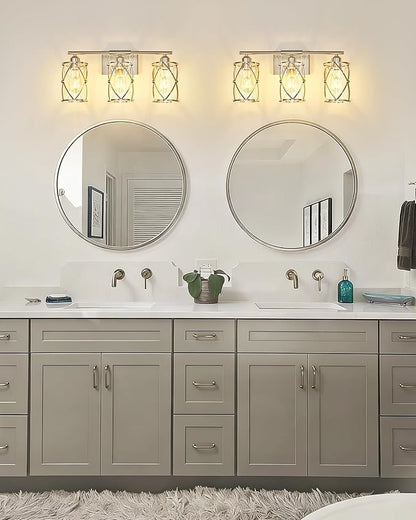 3-Light Brushed Nickel Bathroom Light Fixtures, 21 Inch Modern Bathroom Vanity Lighting Fixtures Over Mirror with Clear Glass and Metal Cage Wall Sconce Lights for Bath, E26, CH9176BN-3W