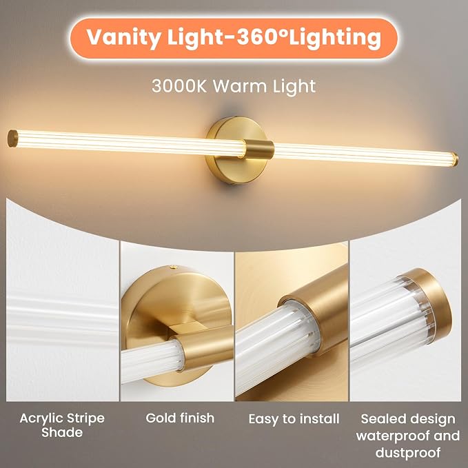Gold Bathroom Vanity Lights 39" Long LED Vanity Light Bar | 360° Bright Bathroom Lights, Dimmable Vanity Light, Hardwired Wall Light 3000K Warm White for Mirror