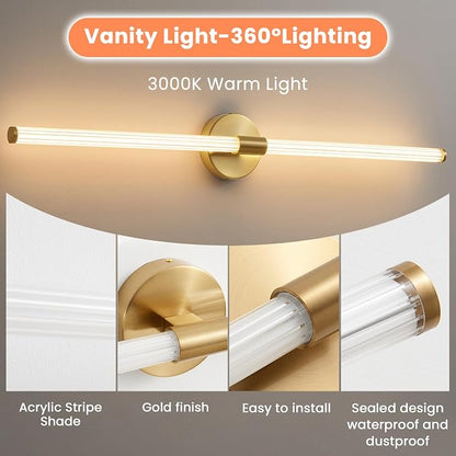 Gold Bathroom Vanity Lights 39" Long LED Vanity Light Bar | 360° Bright Bathroom Lights, Dimmable Vanity Light, Hardwired Wall Light 3000K Warm White for Mirror