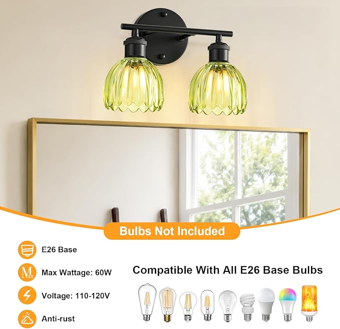 Bathroom Light Fixtures, 2-Light Black Vanity Lights for Bathroom with Green Tulip Glass Shade, 12" Vintage Bathroom Vanity Lighting Fixtures Over Mirror for Bedroom Living Room Hallway