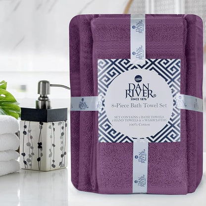 DAN RIVER 8 Piece Luxury Bath Towels for Bathroom, Towel Set, Purple | 2 Bath towels, 2 Hand towels, and 4 Wash Cloths, 600 GSM 100% Ring Spun Cotton, Highly Absorbent, Gym, Hotel, guest, and Spa