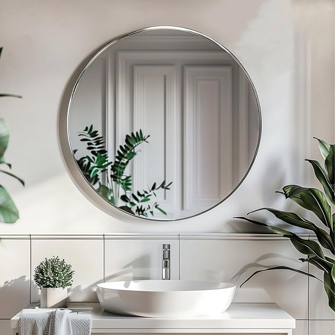 Silver Round Mirror, Circle Mirror 24 inch, Brushed Metal Frame | High Definition Mirror, Waterproof, Sturdy, Circle Mirror for Bathroom, Bedroom, Entryway, Living Room, Wall Décor