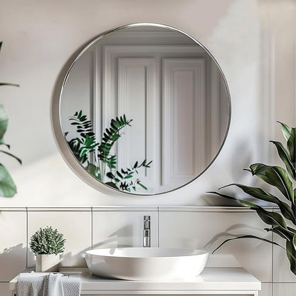Silver Round Mirror, Circle Mirror 24 inch, Brushed Metal Frame | High Definition Mirror, Waterproof, Sturdy, Circle Mirror for Bathroom, Bedroom, Entryway, Living Room, Wall Décor