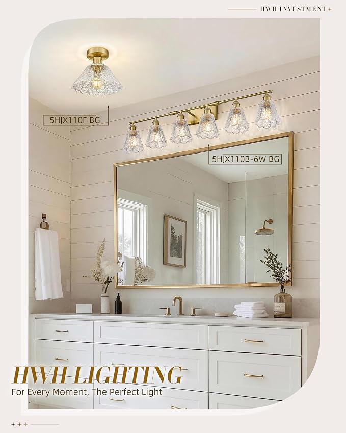 HWH INVESTMENT Bathroom Light Fixtures, 6-Light Brushed Gold Vanity Lights for Bathroom with Clear Floral Glass Shade, 41 inch Bathroom Vanity Lights Over Mirror for Bedroom, 5HJX110B-6W BG