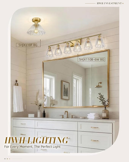 HWH INVESTMENT Bathroom Light Fixtures, 6-Light Brushed Gold Vanity Lights for Bathroom with Clear Floral Glass Shade, 41 inch Bathroom Vanity Lights Over Mirror for Bedroom, 5HJX110B-6W BG