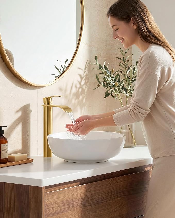 Vessel Sink Faucet Gold for Bathroom：WOWOW Single Handle Tall Bathroom Faucet - Waterfall Single Hole Mixer Bar Tap with Large Rectangular Spout, Deck Mount Lavatory Vanity with Pop Up Drain