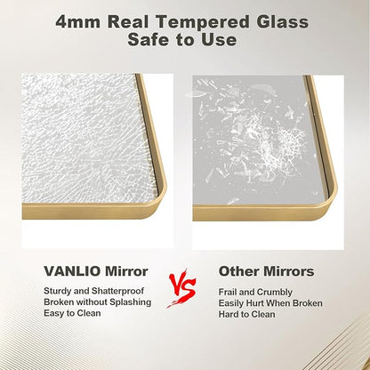 60x36 Inch Gold Framed Bathroom Mirror, Rectangle Brushed Gold Metal Vanity Mirror, Gold Rectangle Mirror for Wall, Rounded Corner, Tempered Glass, Anti-Rust, Shatterproof (Horizontal/Vertical)