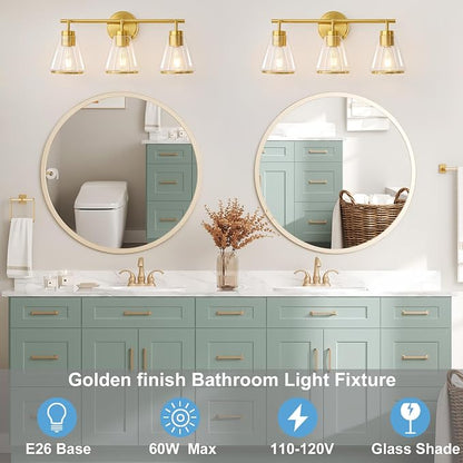 22" 3-Light Brushed Gold Modern Bathroom Vanity Light Fixtures Over Mirror | Clear Glass Shade, Heat-Resistant Ceramic E26 Socket, Wall Sconces, Rustproof, Fit 16–22 Inch Mirrors for Vanity Table