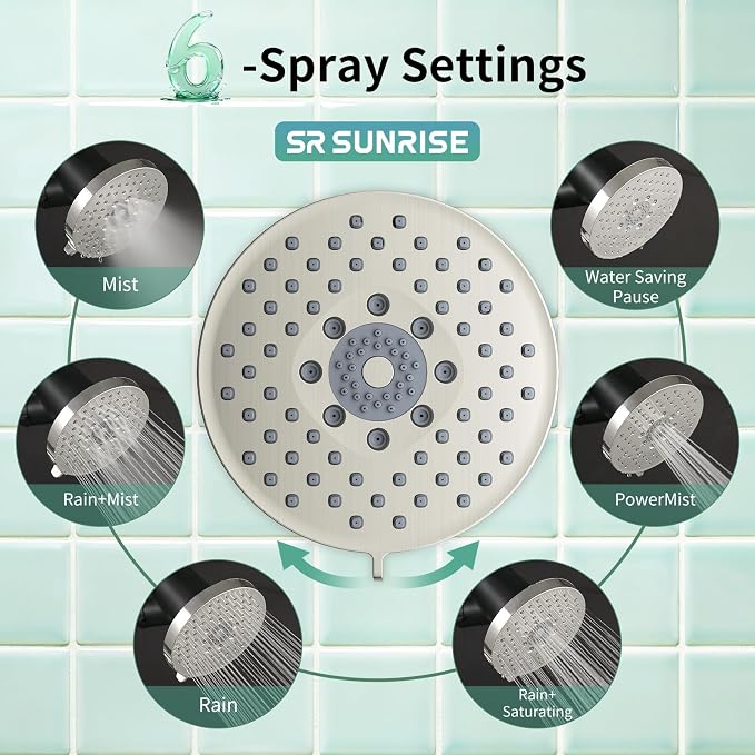 SR SUN RISE Filtered Shower Head with Filters,High Pressure Rain Shower Head,20-Stage Shower Filter,1.8/2.5 GPM Flow Rate,6 Spray Modes for Hard Water Softener (Brushed Nickel,5.5 Inch)