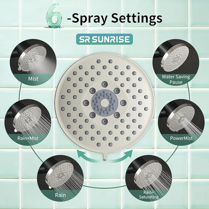 SR SUN RISE Filtered Shower Head with Filters,High Pressure Rain Shower Head,20-Stage Shower Filter,1.8/2.5 GPM Flow Rate,6 Spray Modes for Hard Water Softener (Brushed Nickel,5.5 Inch)