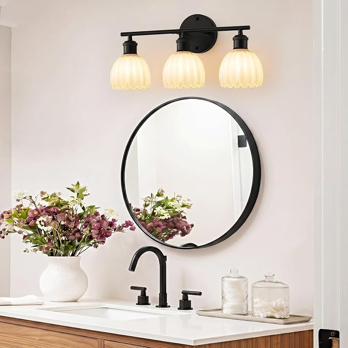 Bathroom Light Fixtures, 3-Light Brushed Black Vanity Lights for Bathroom with White Tulip Glass Shade, 20" Vintage Bathroom Vanity Lighting Fixtures Over Mirror for Bedroom Living Room Hallway