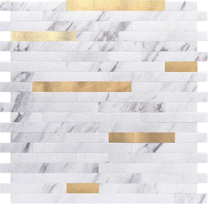Art3d Faux Stone Peel & Stick Backsplash Tile, 10pcs, White with Metal Gold | PVC, Multi-Style Decor Sheets, Waterproof, Traceless Peel, No Wall Damage, Ideal for Kitchen