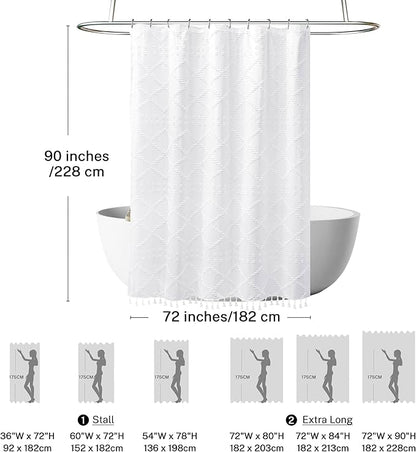Extra Long White Textured Woven Fabric Boho Shower Curtain with Tassels 72 x 90 Modern Farmhouse Minimalist, Tufted Chevron Striped Shabby Chic, Water Resistant Cloth Curtain for Bathroom, Hotel Decor