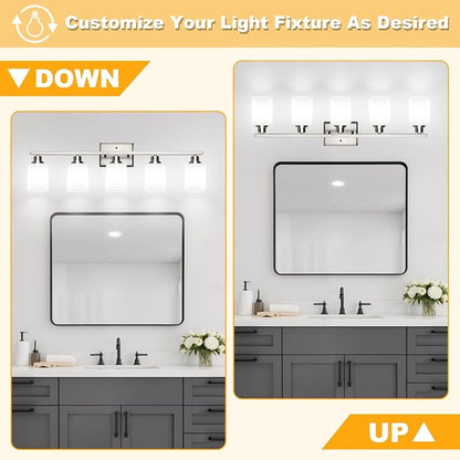 Unicozin 5-Light Bathroom Light Fixtures, Modern Brushed Nickel Vanity Light Over Mirror, Wall Sconces with Milky White Glass Shades for Living Room Bedroom Hallway E26 Base