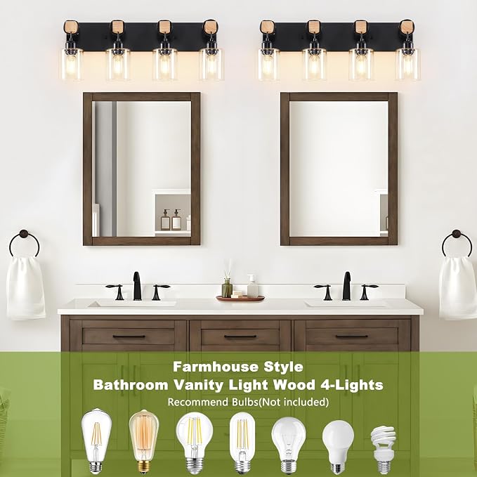 4-Lights Farmhouse Vanity Lights for Bathroom, Matte Black Bathroom Light Fixtures with Clear Glass Shade, Rustic Wood Wall Lighting Fixtures Over Mirror for Bedroom, Living Room, Hallway